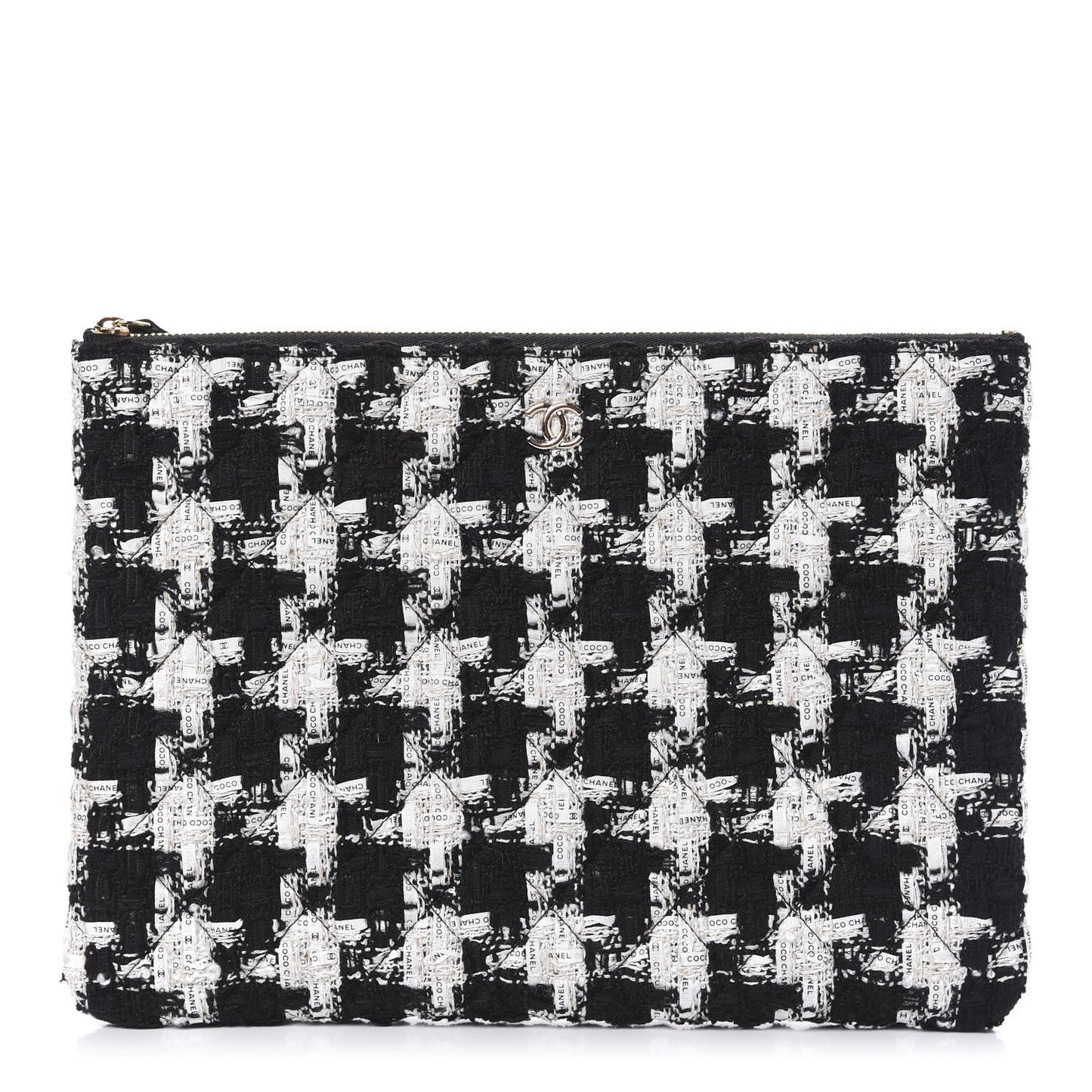 Tweed Quilted Medium Cosmetic Pouch Black Ecru White