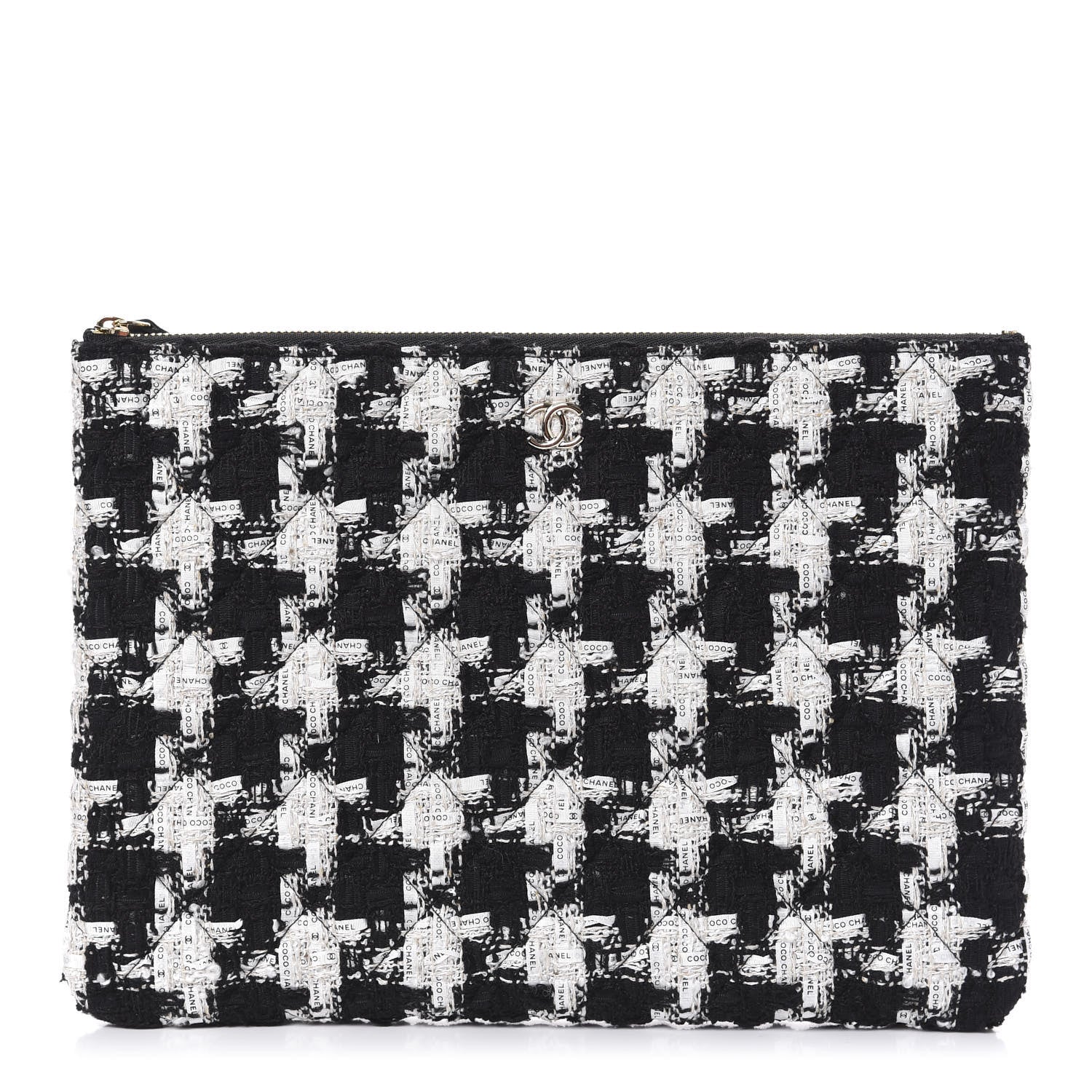 Chanel Tweed Quilted Medium Cosmetic Pouch Black Ecru White 1 of 8