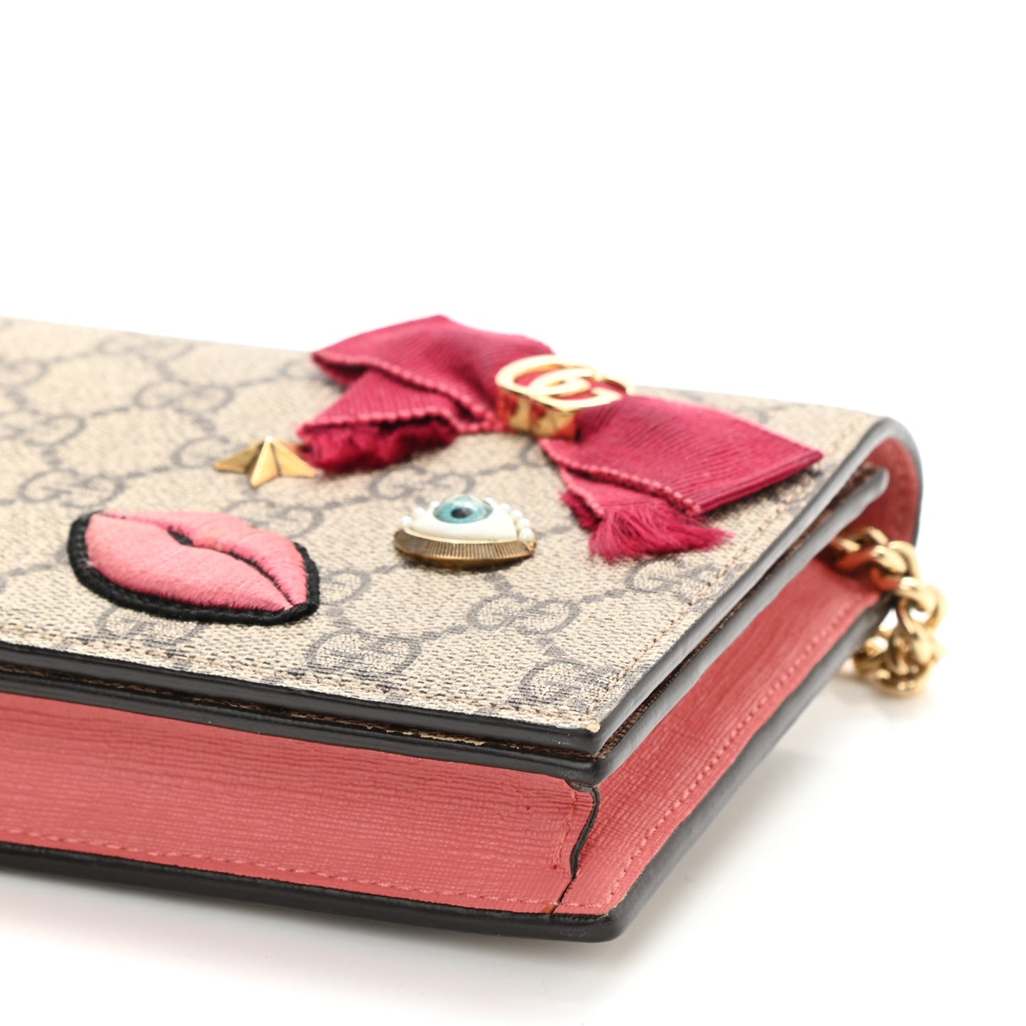 GG Supreme Monogram Face Embroidered Chain Wallet Pink