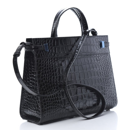 Saint Laurent Shiny Calfskin Crocodile Embossed Small Manhattan Shopper Tote Black 3 of 10