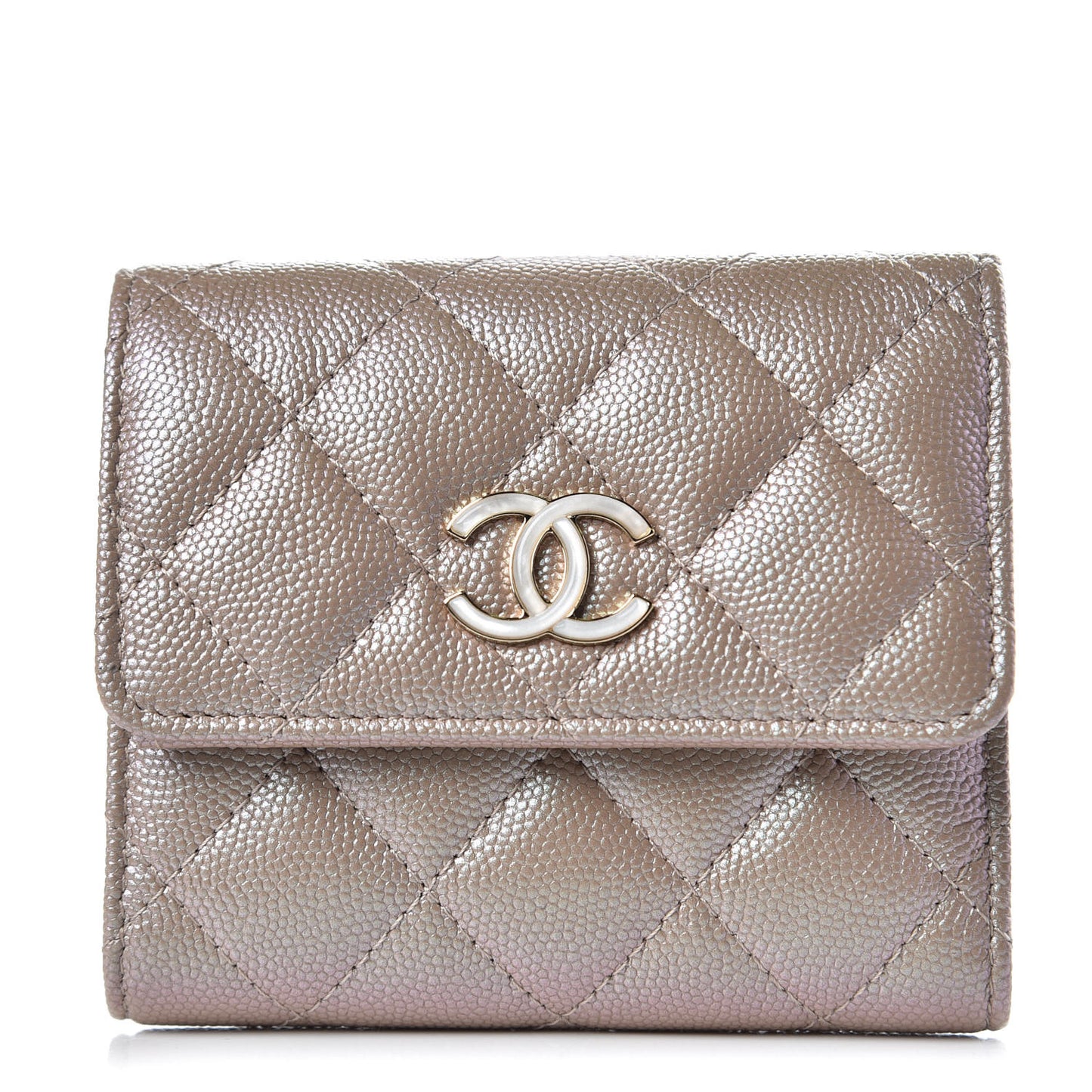 Iridescent Caviar Quilted Small Flap Wallet Beige
