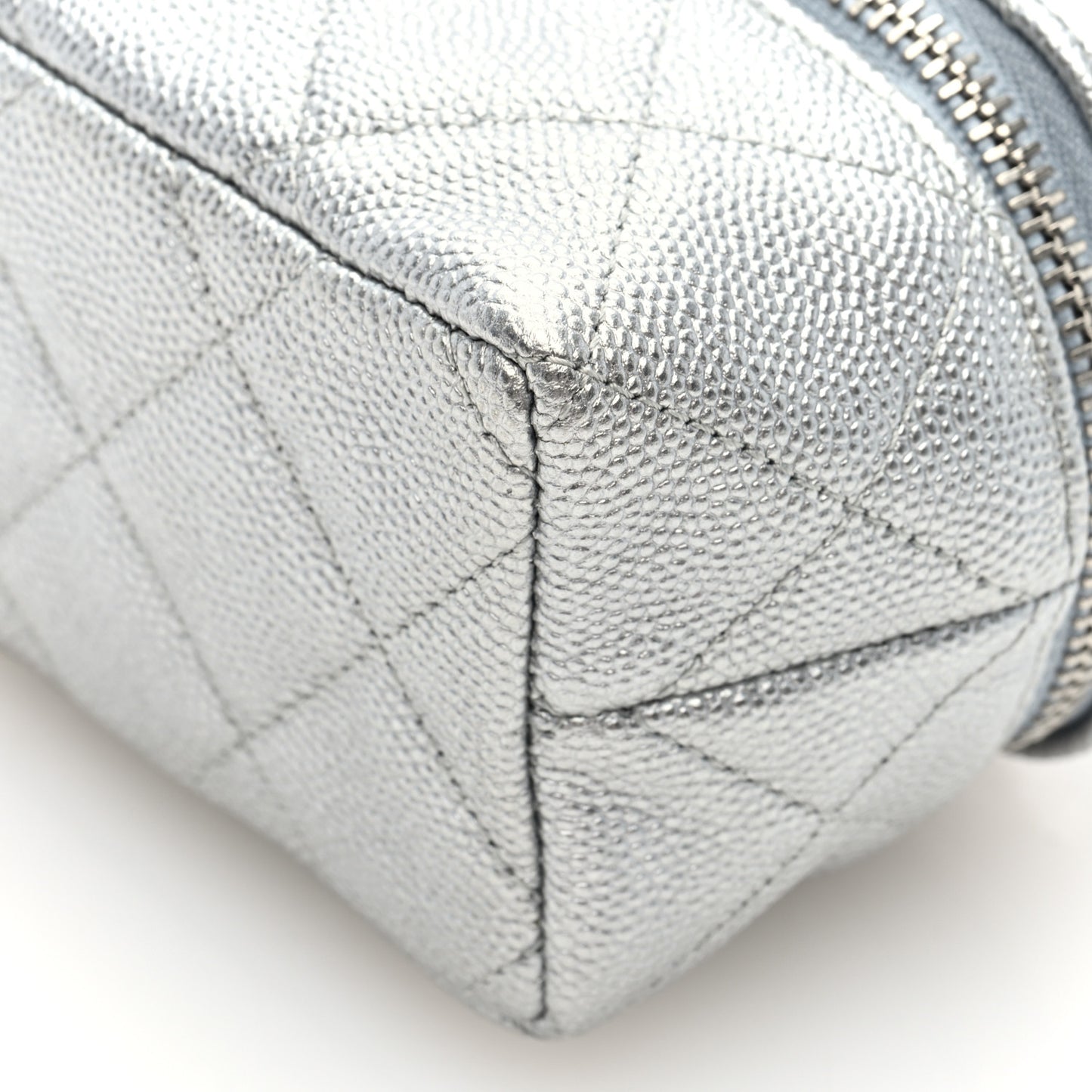 Metallic Caviar Quilted Mini Top Handle Vanity With Chain Silver