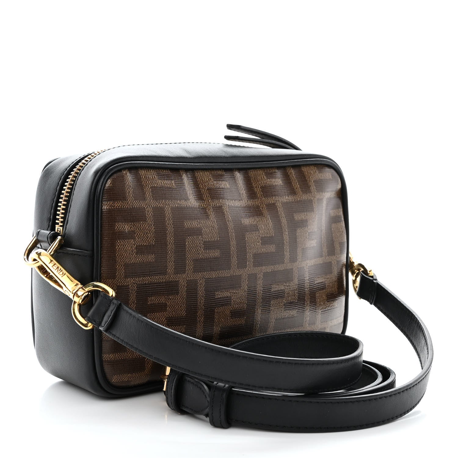 Fendi Glazed Fabric Vitello Century FF 1974 Stamp Patch Mini Camera Case Mogano Panna Black 3 of 10