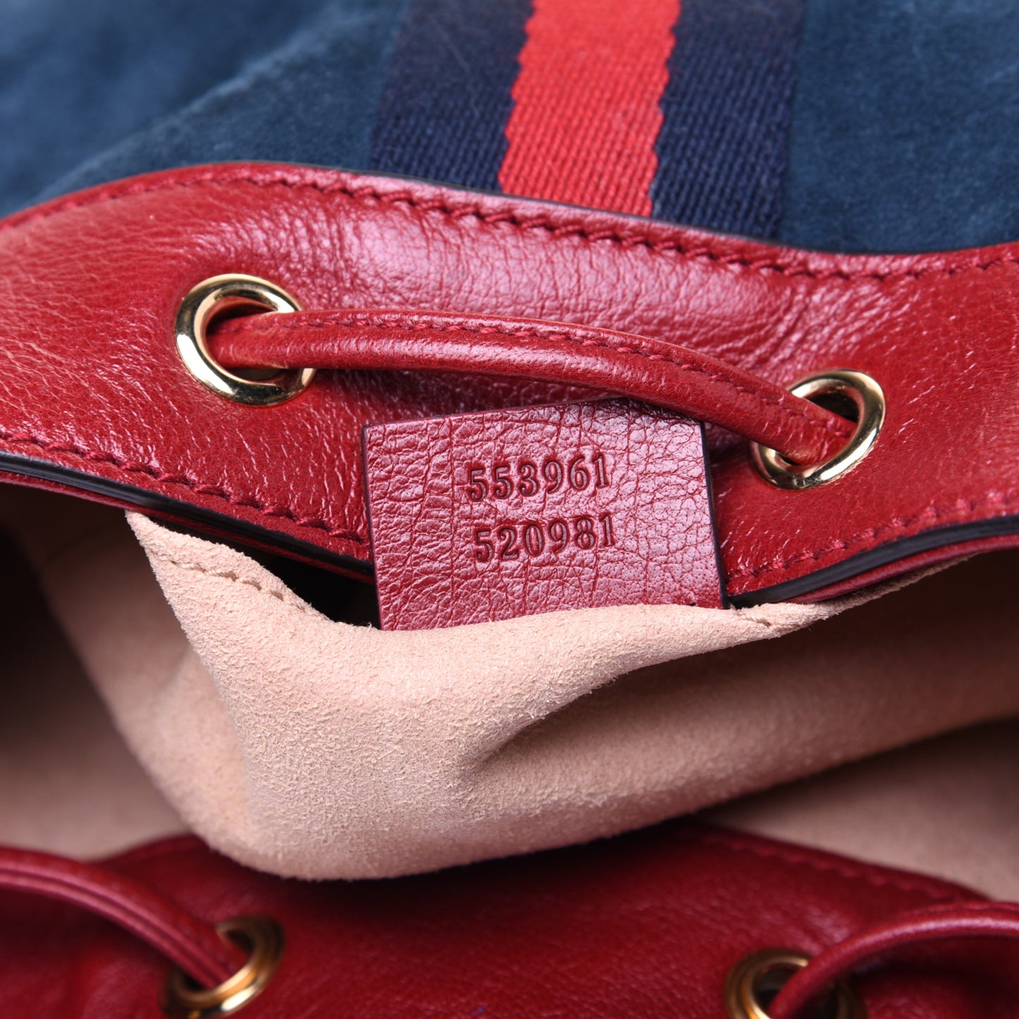 Suede Calfskin Web Medium Rajah Bucket Bag New Blue Romantic Cherry