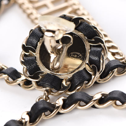 Chanel Pearl Lambskin Chain Logo Hoop Clip On Earrings Black Gold 4 of 5