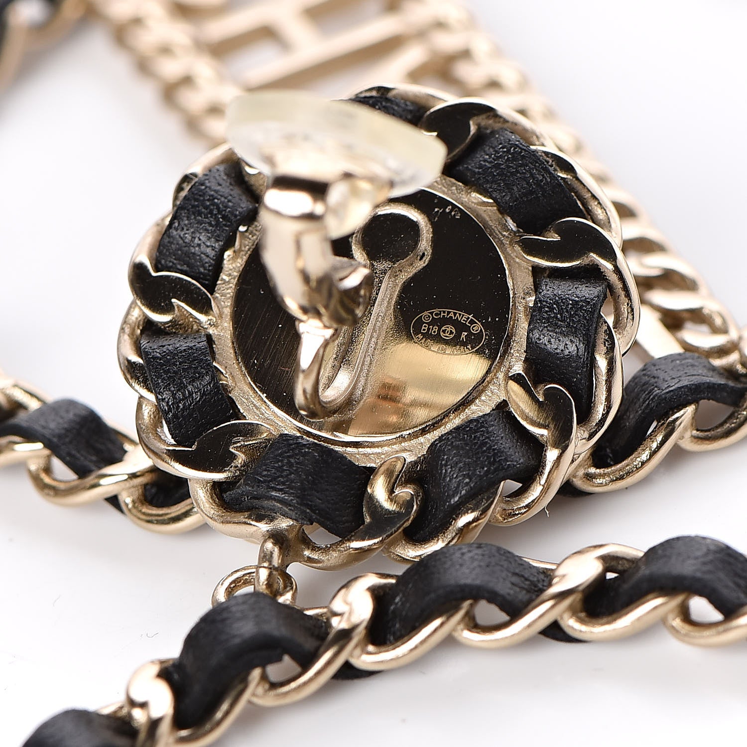 Chanel Pearl Lambskin Chain Logo Hoop Clip On Earrings Black Gold 4 of 5