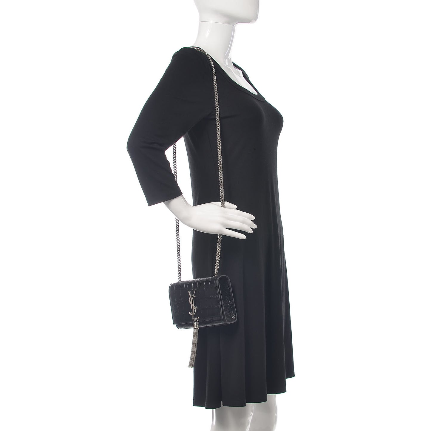 Calfskin Crocodile Embossed Small Classic Monogram Kate Tassel Satchel Black