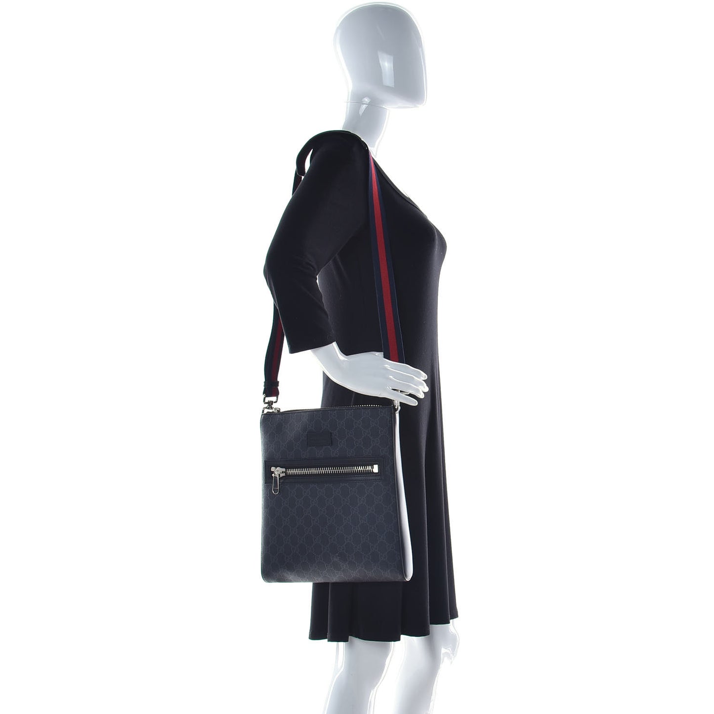 GG Supreme Monogram Appia Calfskin Web Flat Messenger Bag Black Grey