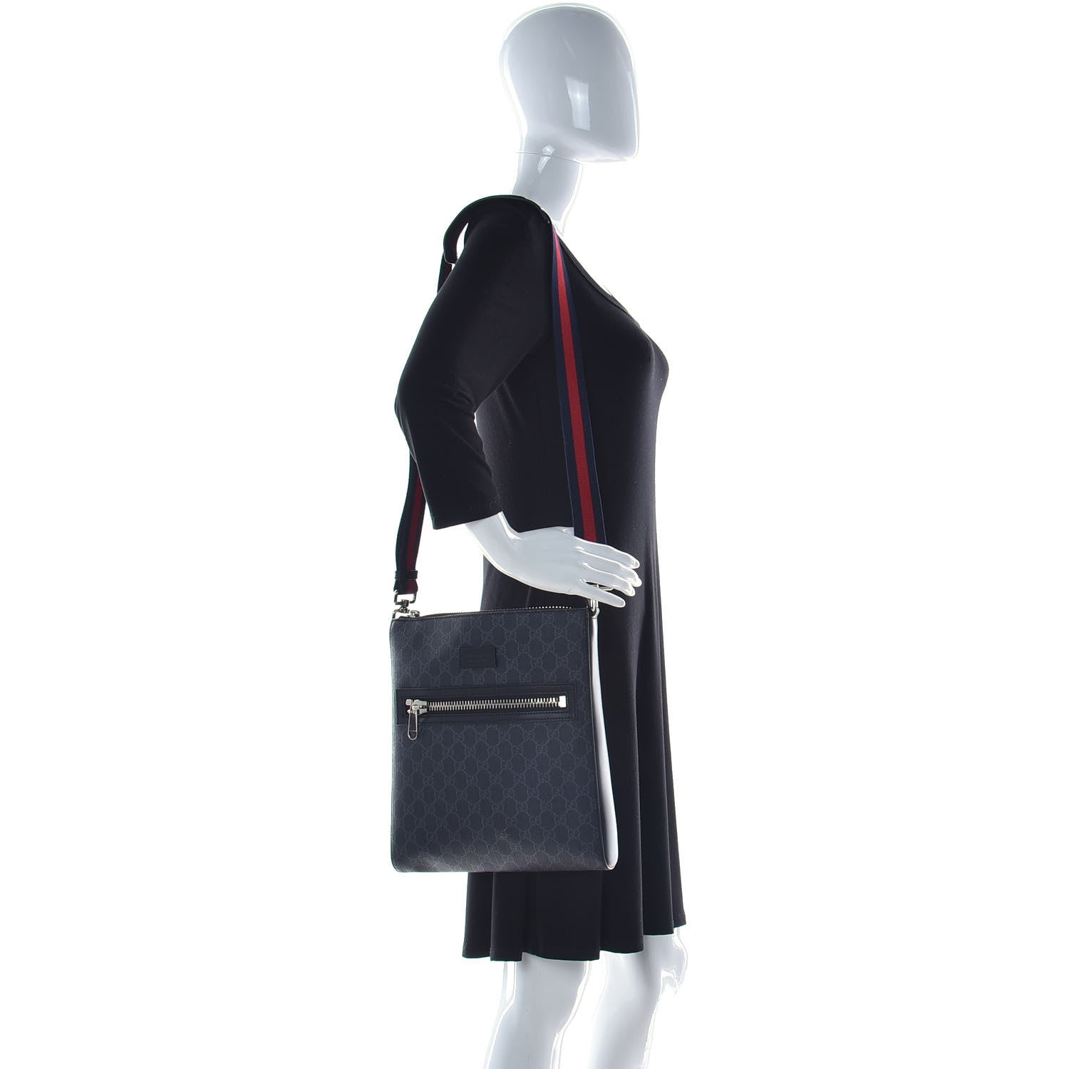 Gucci GG Supreme Monogram Appia Calfskin Web Flat Messenger Bag Black Grey 3 of 12