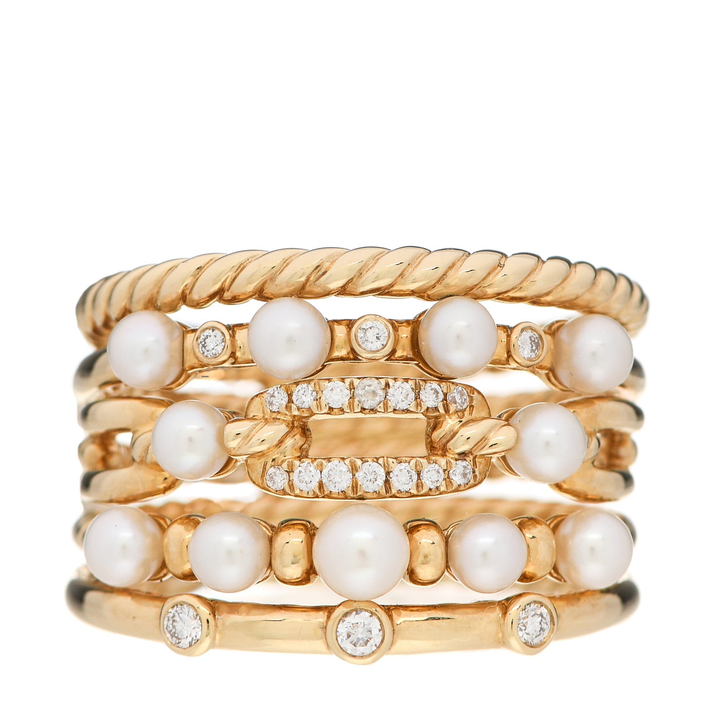 18K Yellow Gold Diamond Pearl 16mm Petite Perle Multi-Row Ring 54 7