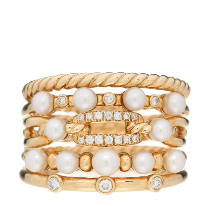David Yurman 18K Yellow Gold Diamond Pearl 16mm Petite Perle Multi-Row Ring 54 7 1 of 4