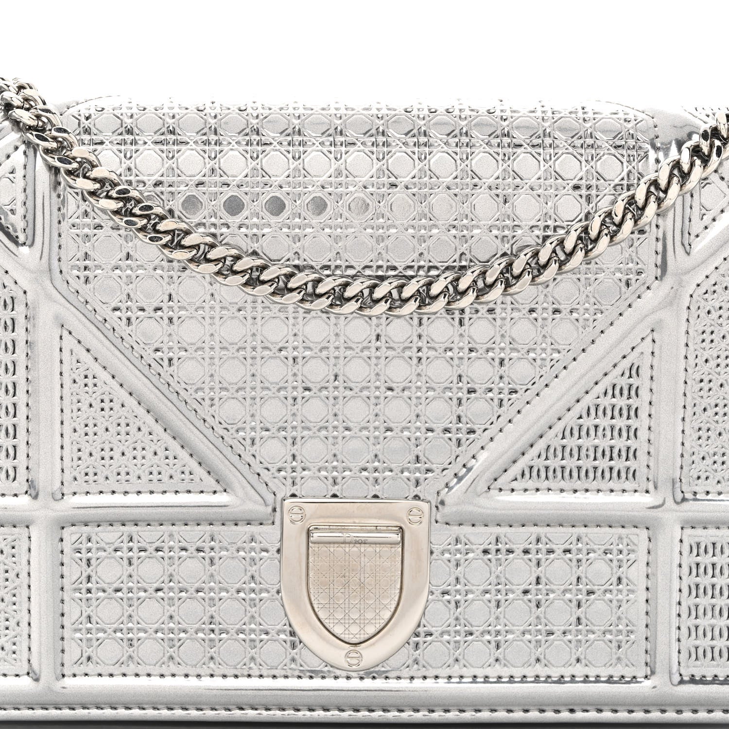 Christian Dior Metallic Patent Micro-Cannage Diorama Wallet on Chain Pouch Silver 7 of 9