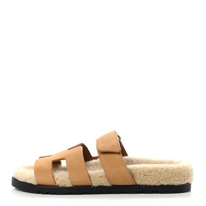 Hermes Suede Goatskin Woolskin Womens Chypre Sandals 38 Golden Beige 1 of 8