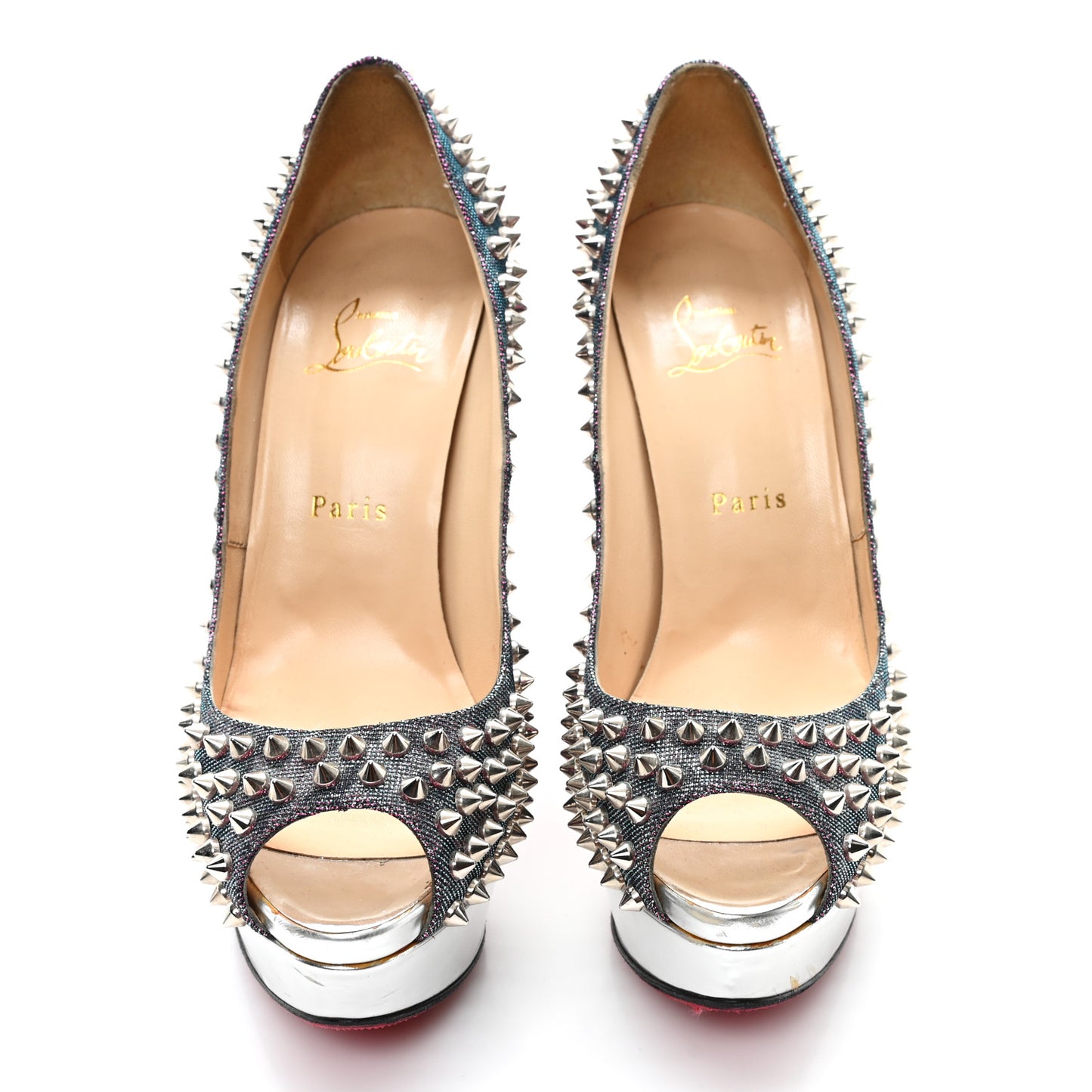Lame Satin Lady Peep Spikes 150 Pumps 39 Turquoise Violet Silver