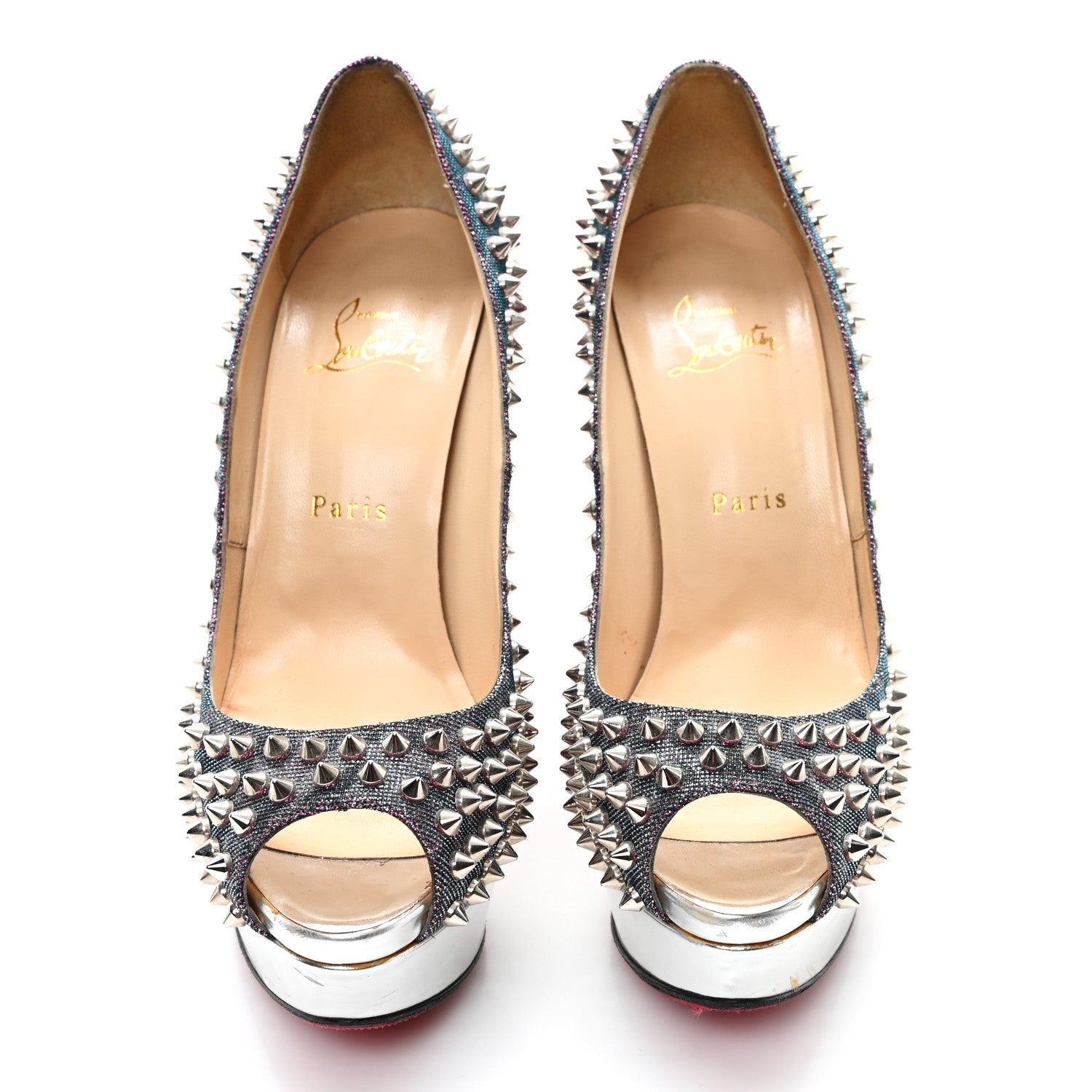 Christian Louboutin Lame Satin Lady Peep Spikes 150 Pumps 39 Turquoise Violet Silver 3 of 9