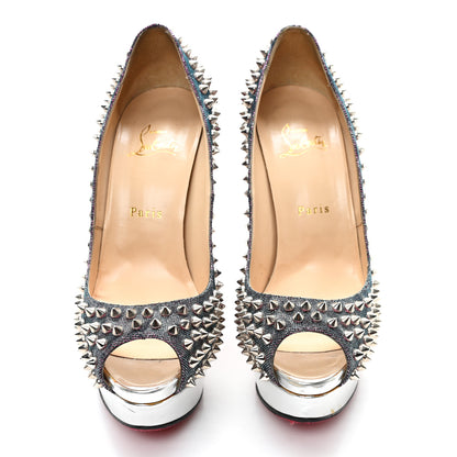 Christian Louboutin Lame Satin Lady Peep Spikes 150 Pumps 39 Turquoise Violet Silver 3 of 9