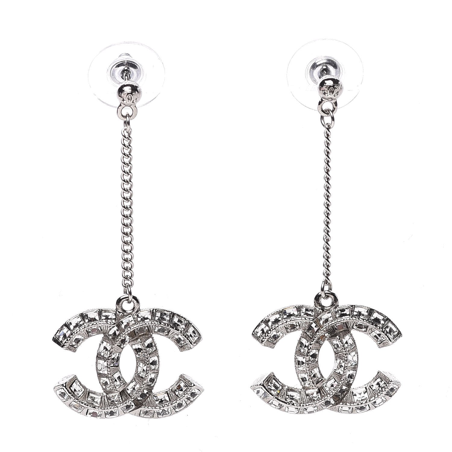 Chanel Baguette Crystal CC Drop Earrings Silver 1 of 4