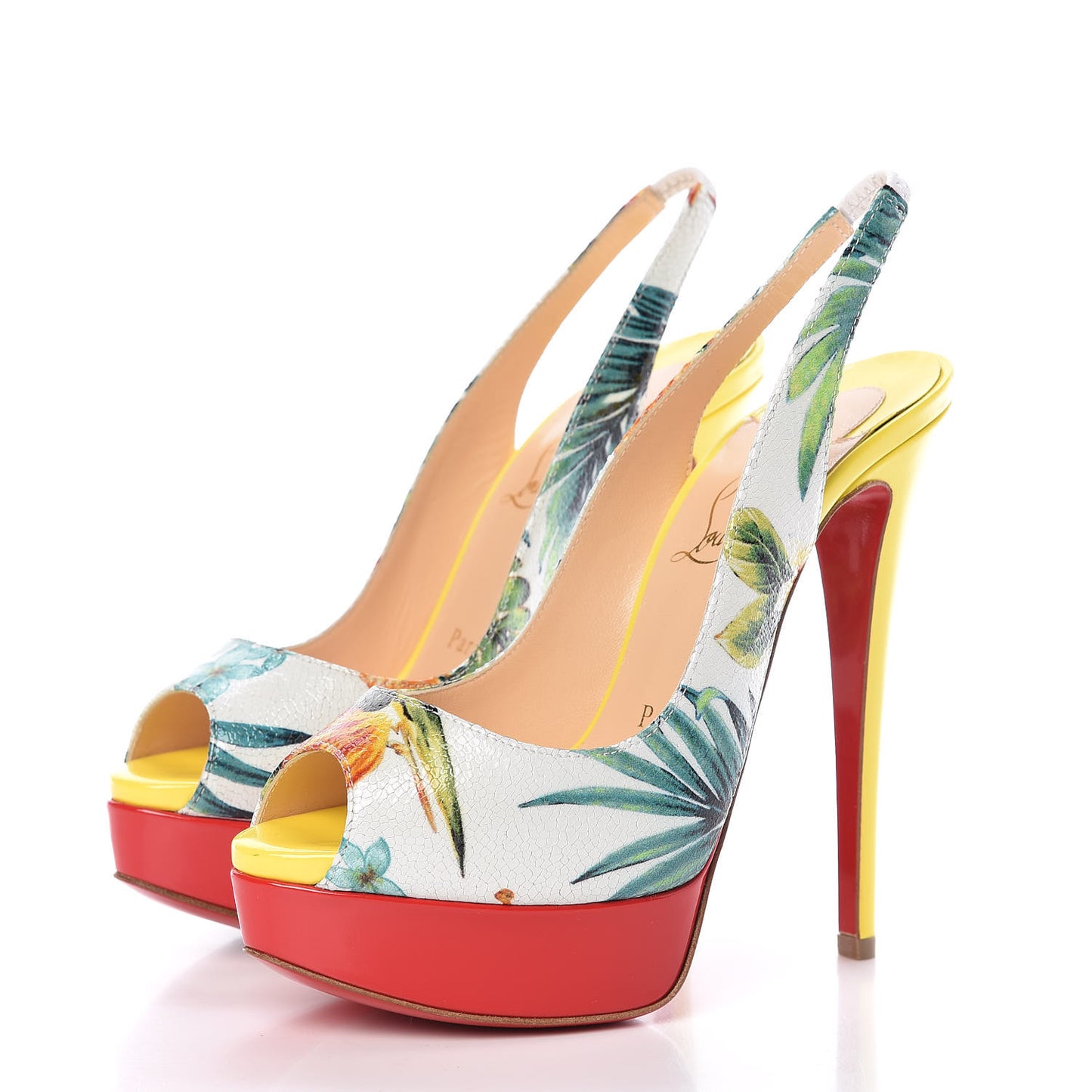 Crackled Calfskin Patent Hawaii Print Lady Peep Sling 150 Pumps 36 Version White