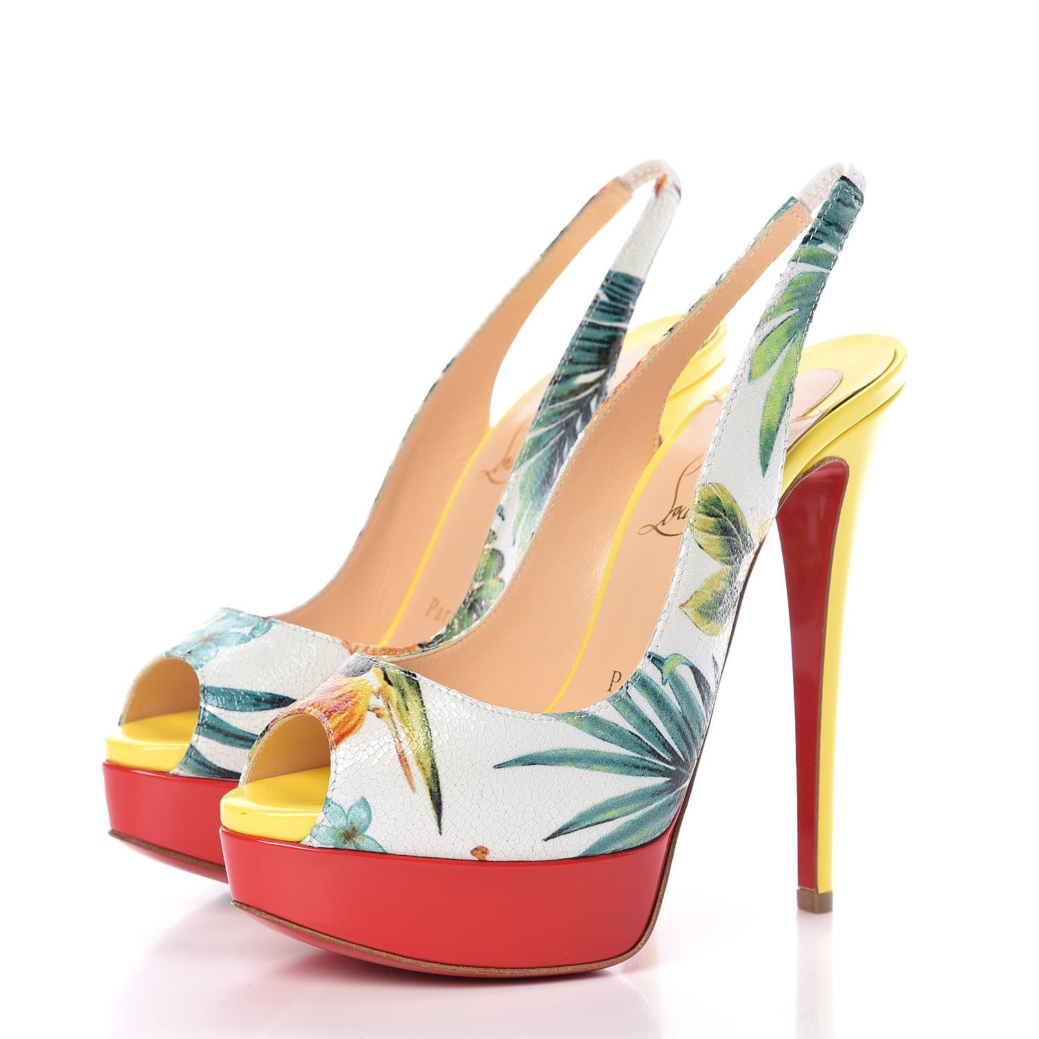 Christian Louboutin Crackled Calfskin Patent Hawaii Print Lady Peep Sling 150 Pumps 36 Version White 3 of 10