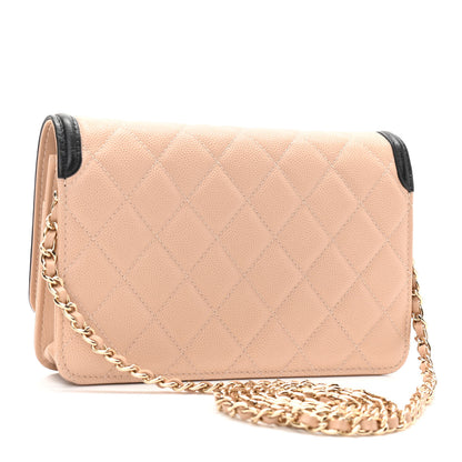Chanel Caviar Quilted CC Filigree Wallet On Chain WOC Beige Black 3 of 12