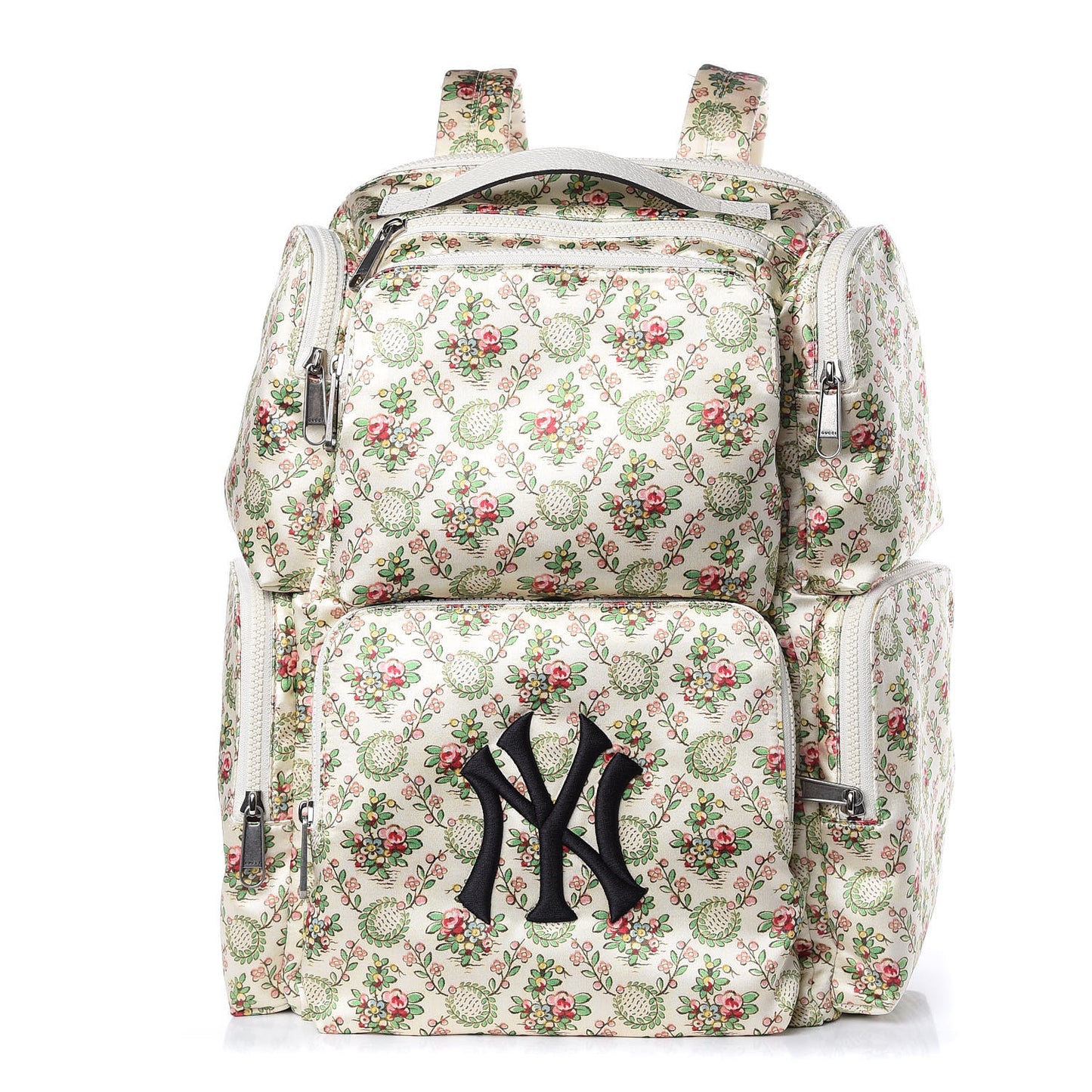 X MLB Satin Floral Print NY Yankees Patch Backpack Ivory Green
