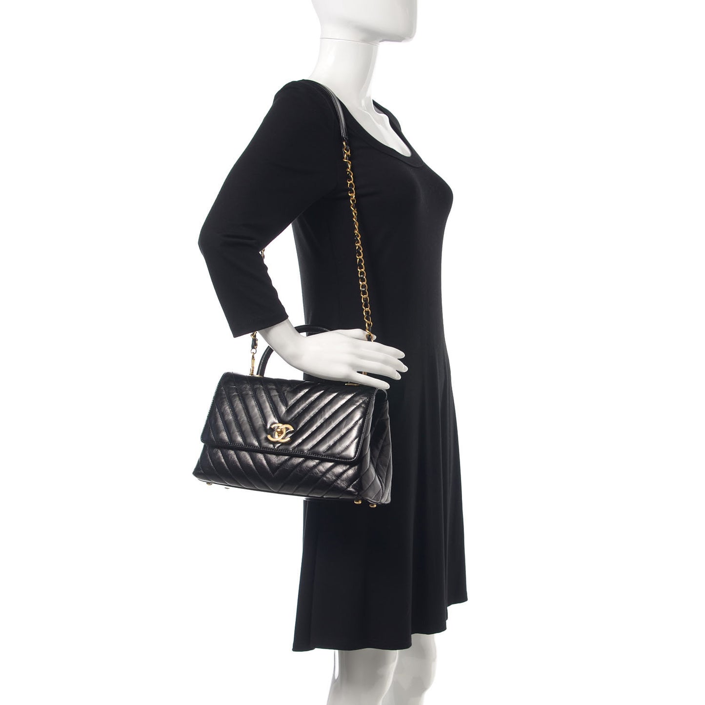 Calfskin Chevron Quilted Small Coco Handle Flap Black