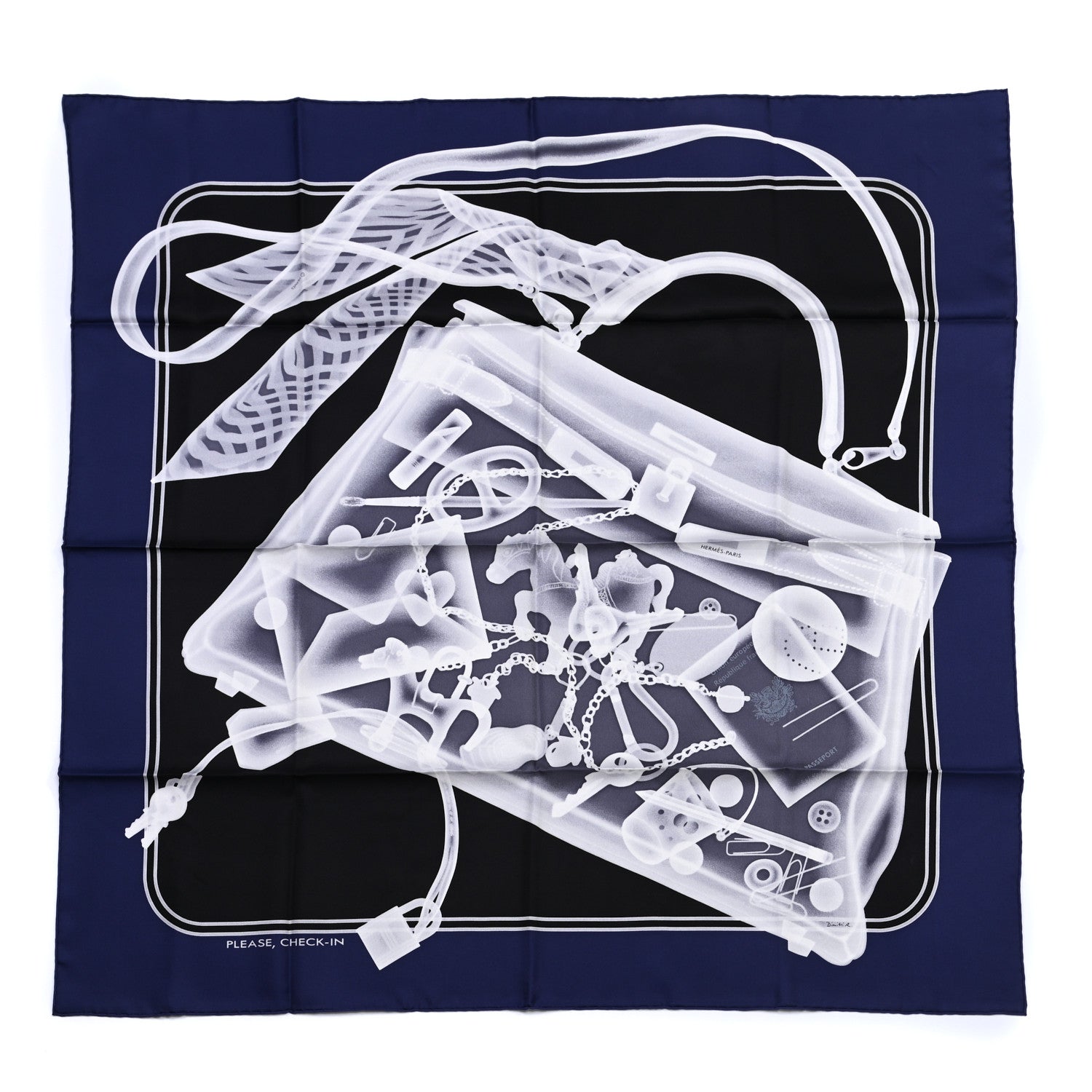 Hermes Silk Please Check In Scarf 90 Marine Black White 1 of 5