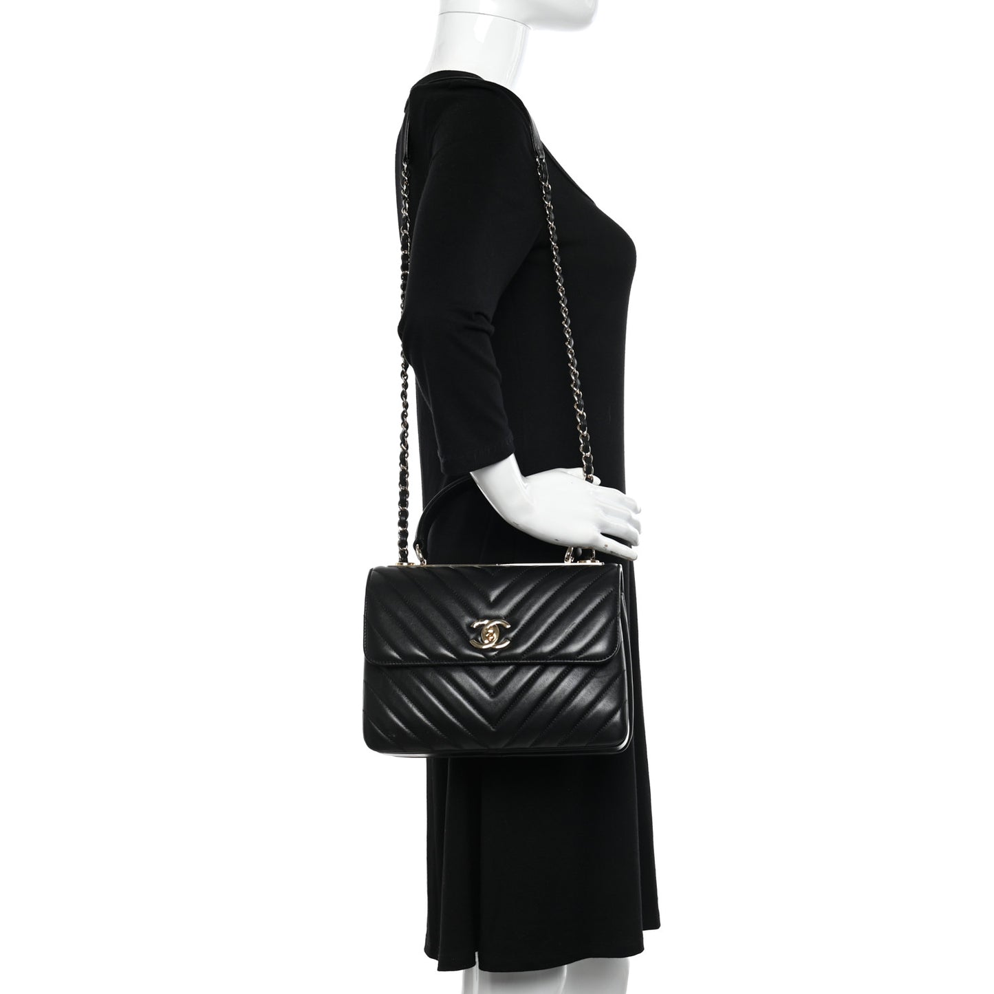 Lambskin Chevron Quilted Small Trendy CC Dual Handle Flap Bag Black