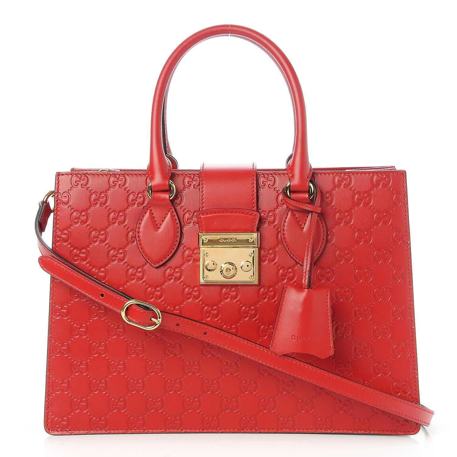 Gucci Guccissima Signature Padlock Double Handle Bag Hibiscus Red 1 of 8