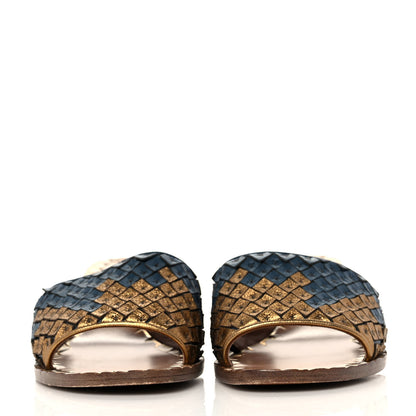 Bottega Veneta Metallic Nappa Intrecciato Slide Sandals 37 Blue Gold 2 of 7