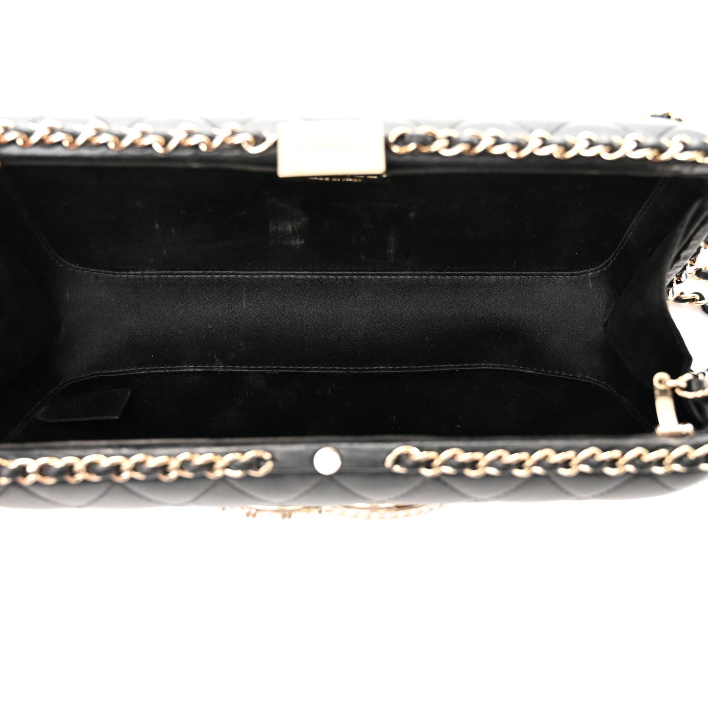 Lambskin Quilted Pearl Crystal Chain Around Clutch Black