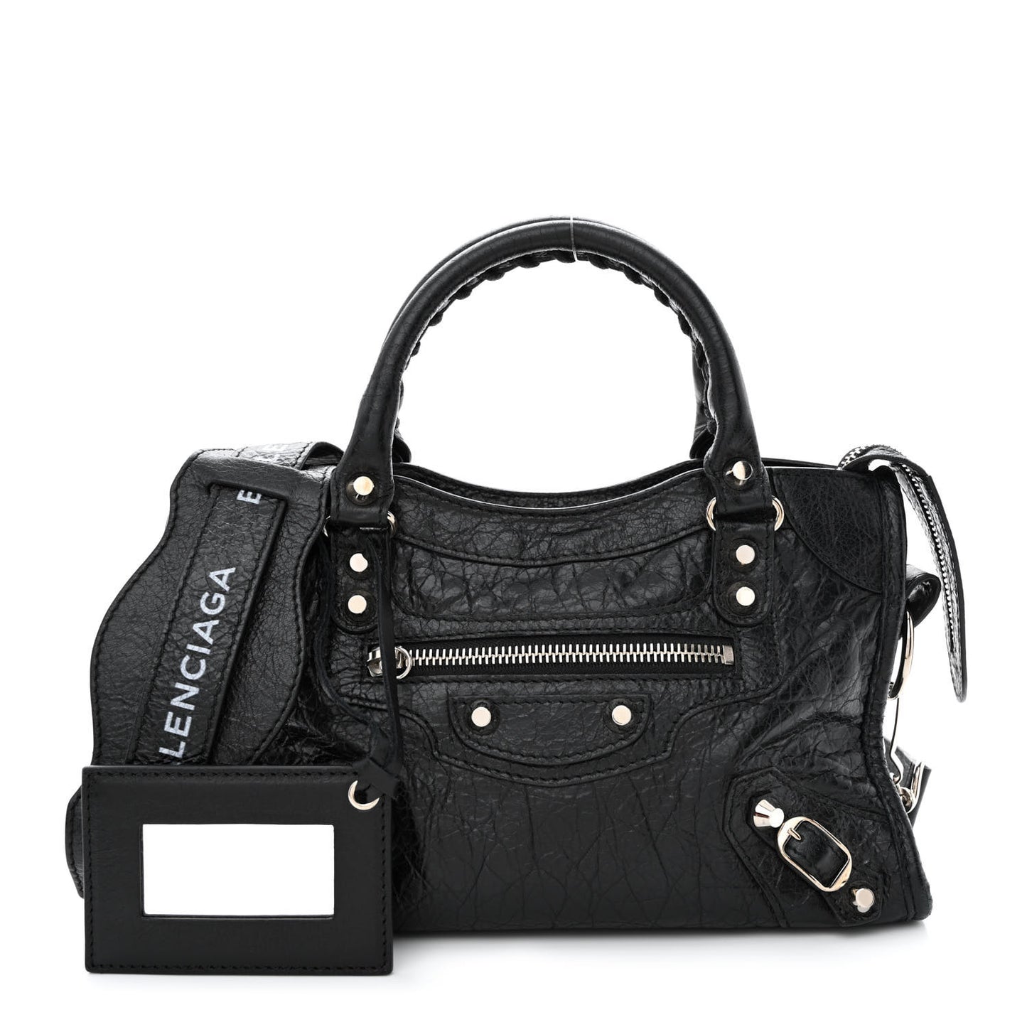 Agneau Classic Silver Hardware Mini City Logo Strap Black White