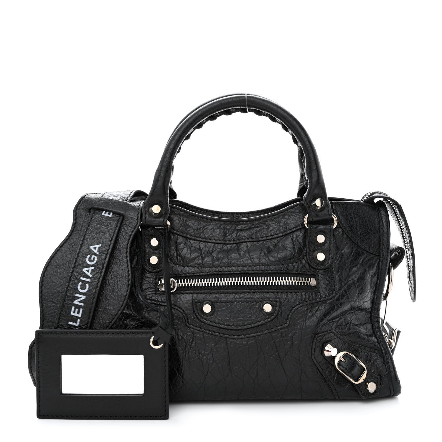 Balenciaga Agneau Classic Silver Hardware Mini City Logo Strap Black White 1 of 11