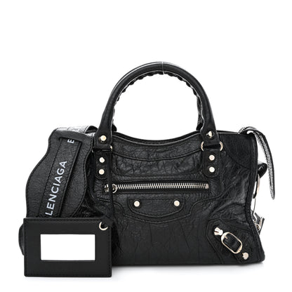 Balenciaga Agneau Classic Silver Hardware Mini City Logo Strap Black White 1 of 11