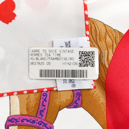 Hermes Silk Tea Time Scarf 70 White Framboise Rouge 5 of 5