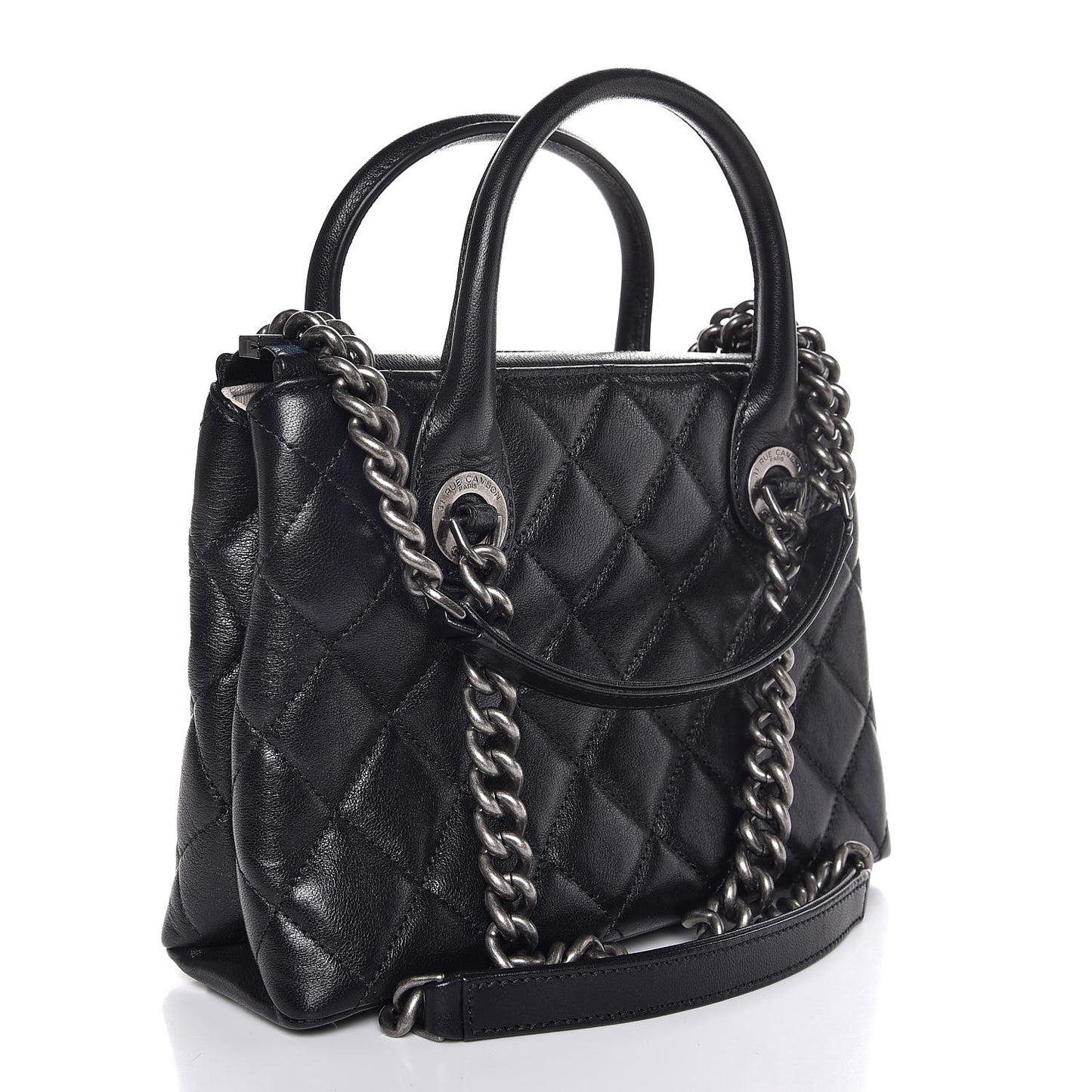 Shiny Sheepskin Quilted Small Shopping Tote Black