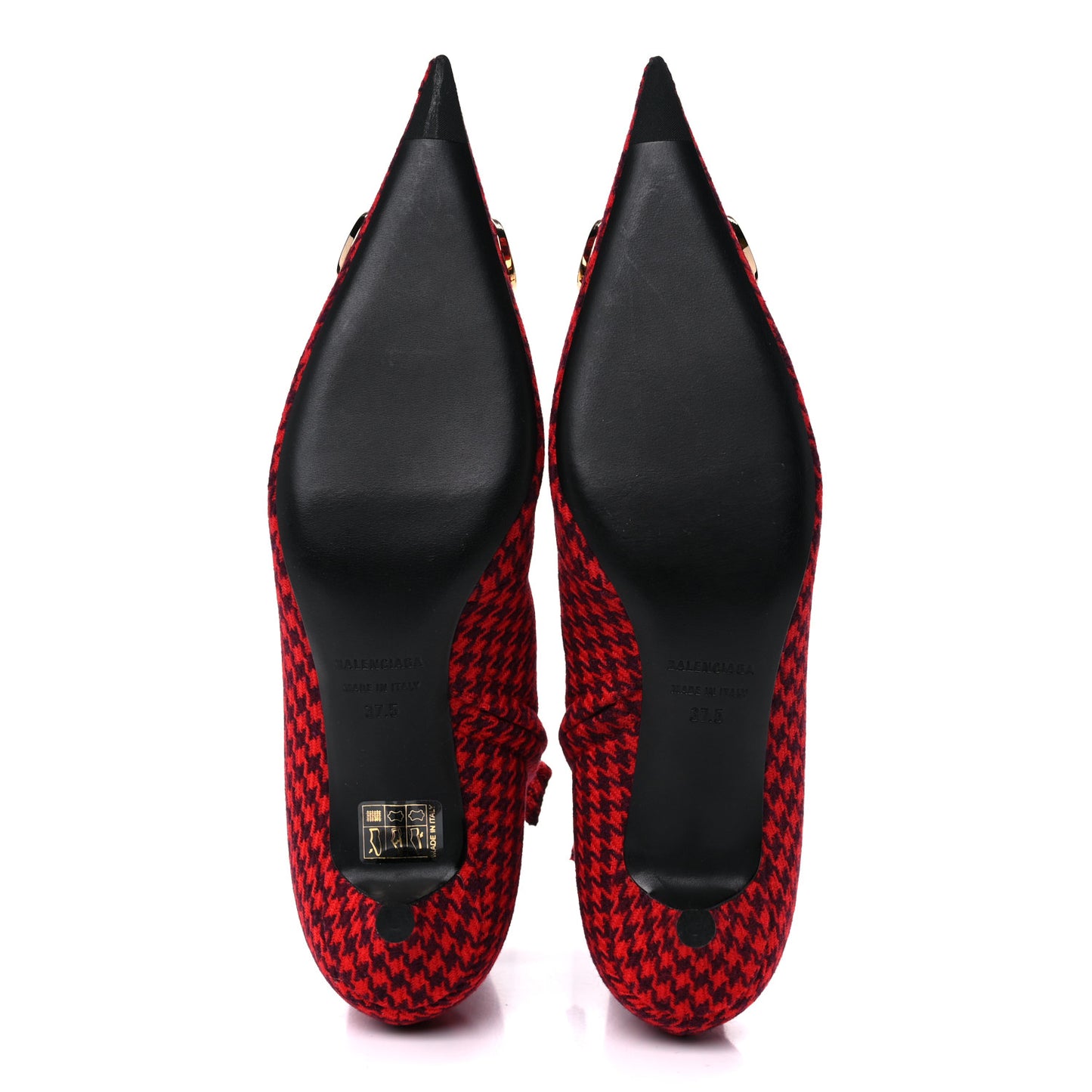 Wool Houndstooth BB Pointy Toe Ankle Booties 37.5 Red Black Gold