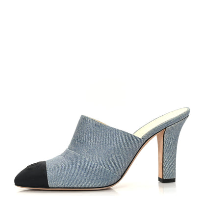 Chanel Printed Lambskin Grosgrain Cap Toe CC Mules 38.5 Blue Black 1 of 8