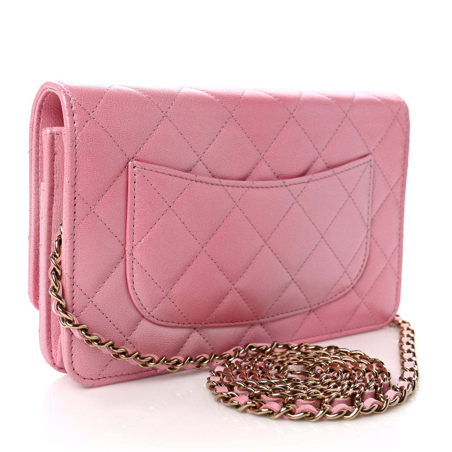 Cloudy Pearly Goatskin Quilted Wallet on Chain WOC Light Pink
