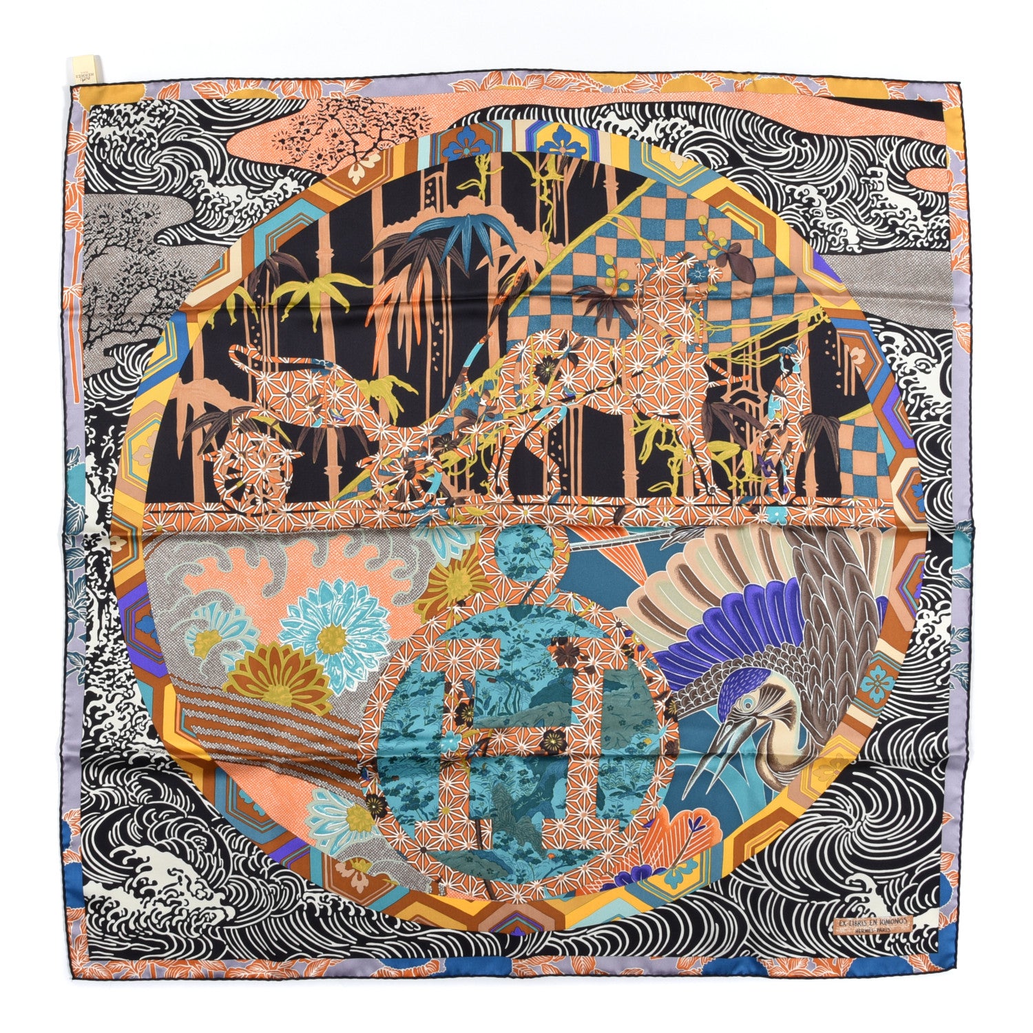 Hermes Silk Ex Libris En Monogram Kimonos Scarf 90 Black Petrole Ocre 1 of 3
