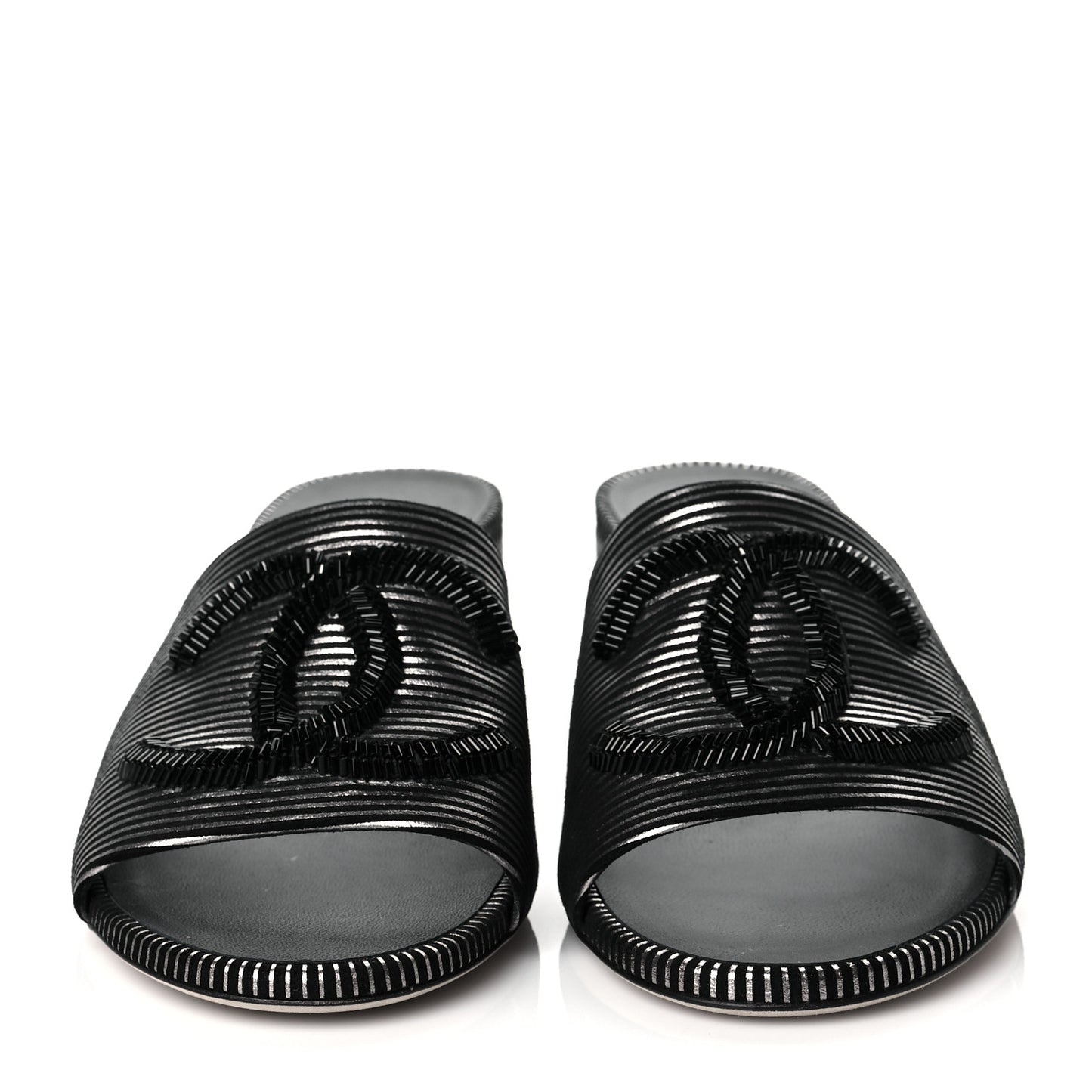 Calfskin Striped Beaded CC Mule Sandals 39 Black