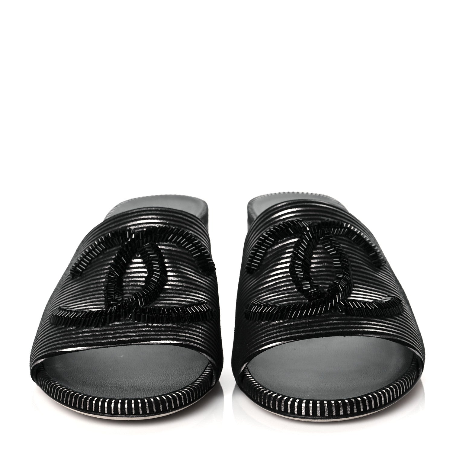 Chanel Calfskin Striped Beaded CC Mule Sandals 39 Black 2 of 11