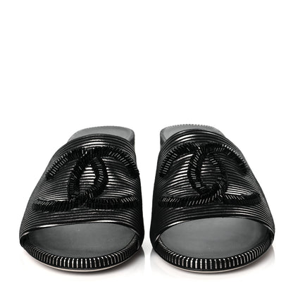 Chanel Calfskin Striped Beaded CC Mule Sandals 39 Black 2 of 11