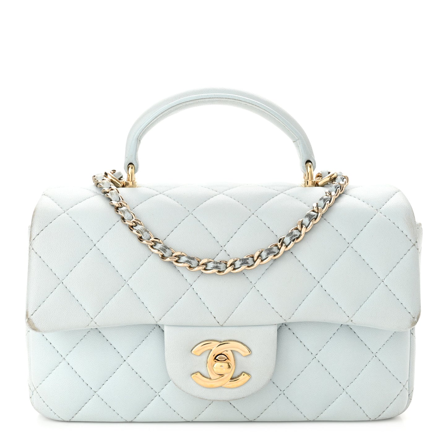 Lambskin Quilted Mini Top Handle Rectangular Flap Light Blue