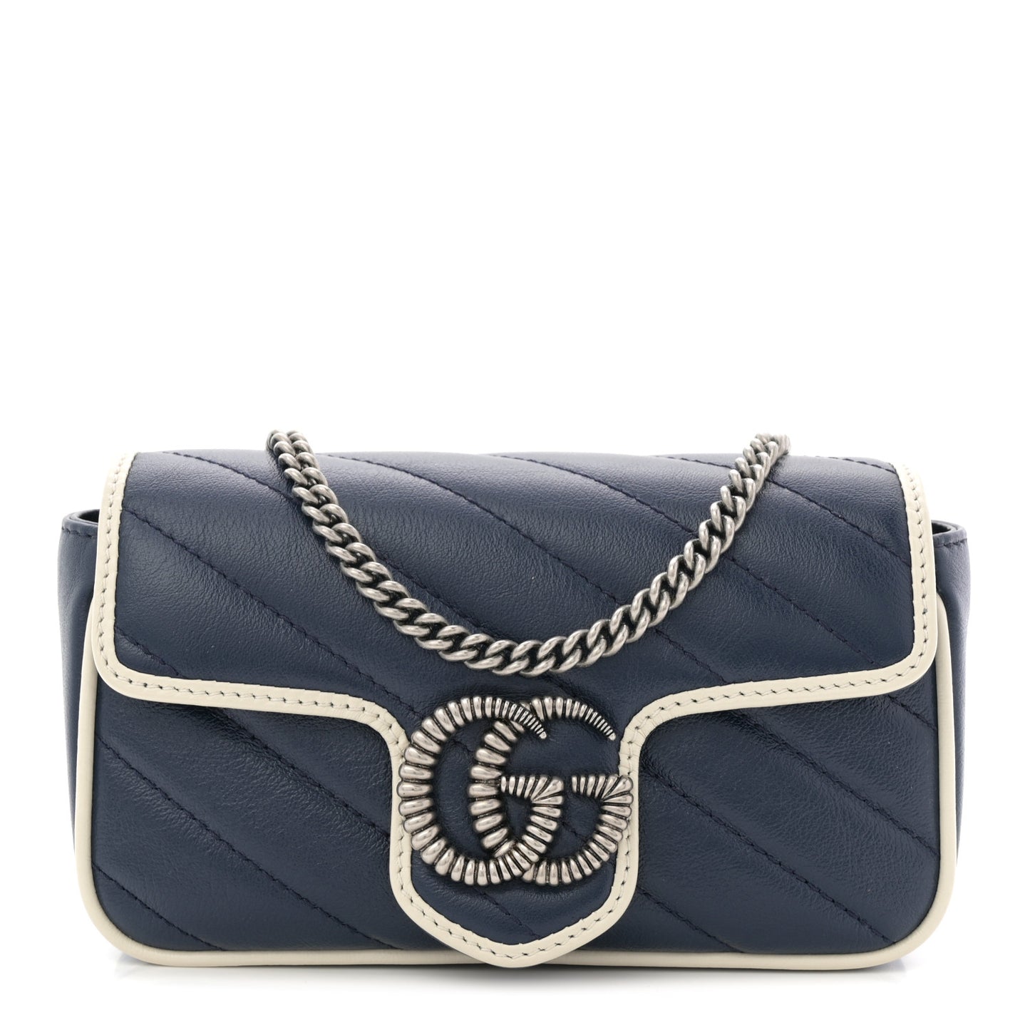Vintage Effect Calfskin Matelasse Diagonal Super Mini Torchon GG Marmont Shoulder Bag Blue Agata Mystic White