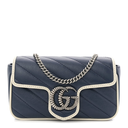 Gucci Vintage Effect Calfskin Matelasse Diagonal Super Mini Torchon GG Marmont Shoulder Bag Blue Agata Mystic White 1 of 10