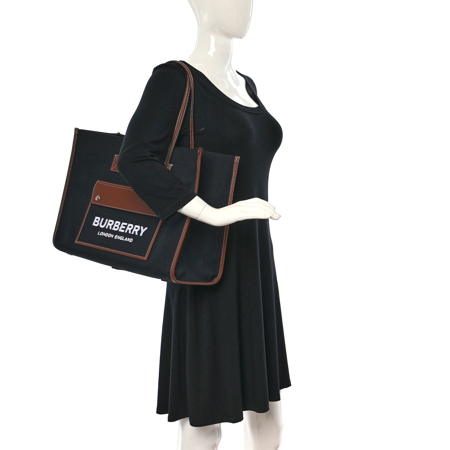Burberry Canvas Smooth Calfskin Medium Two Tone Freya Tote Black Tan 2 of 8
