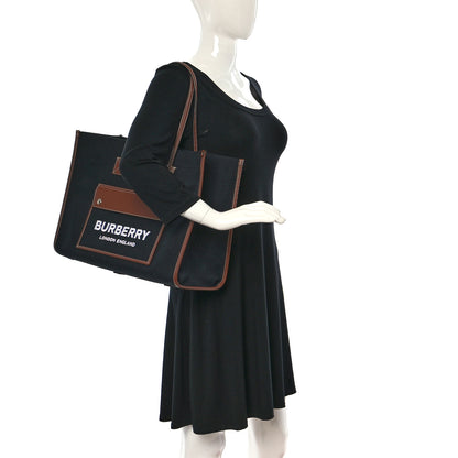 Burberry Canvas Smooth Calfskin Medium Two Tone Freya Tote Black Tan 2 of 8