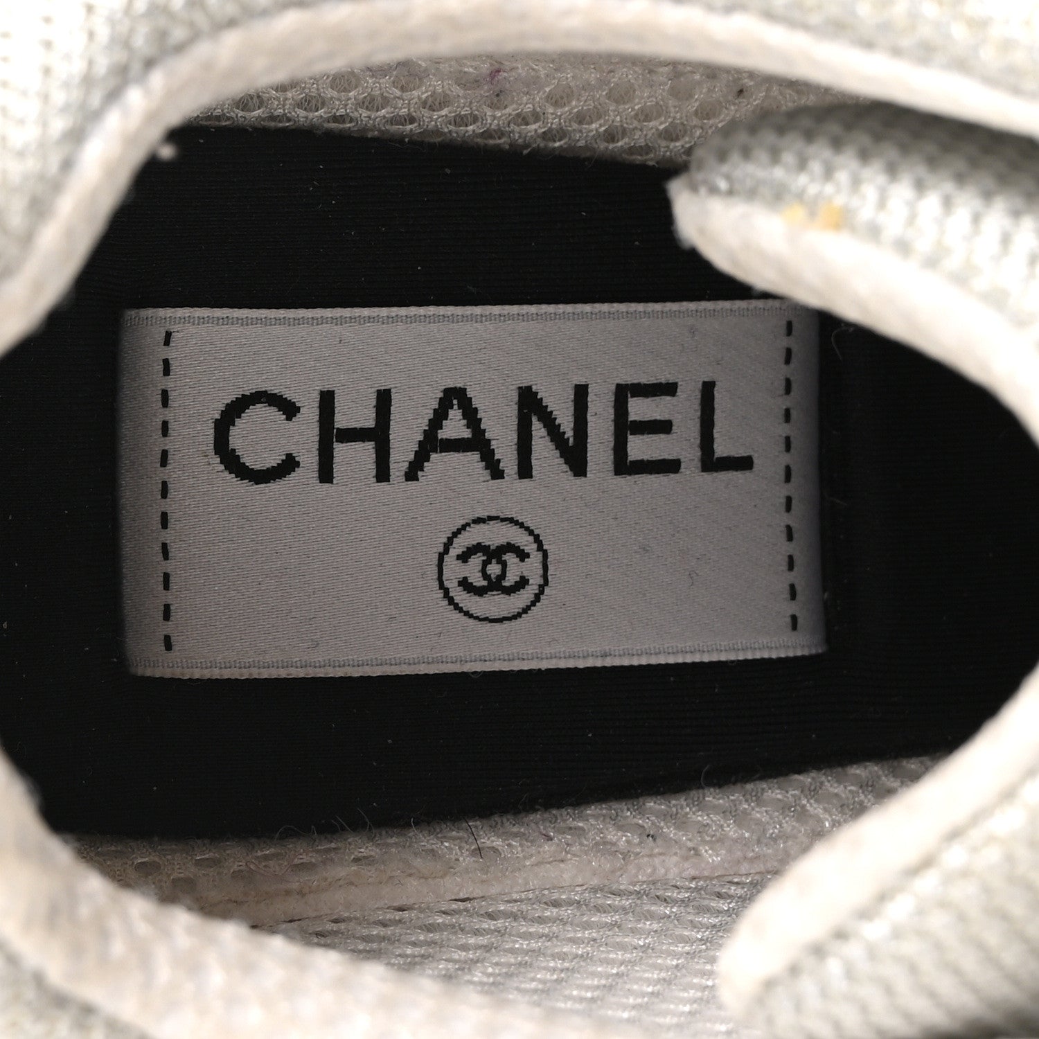 Chanel Mesh Suede Calfskin Grained Calfskin Womens CC Sneakers 37.5 White Silver Light Grey 8 of 8