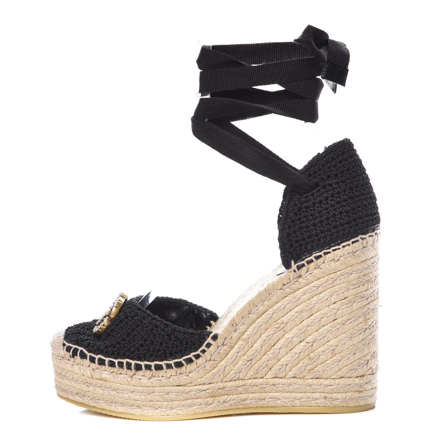 Cotton Crochet Pearly GG Ankle Wrap Platform Espadrille Wedges 37 Black